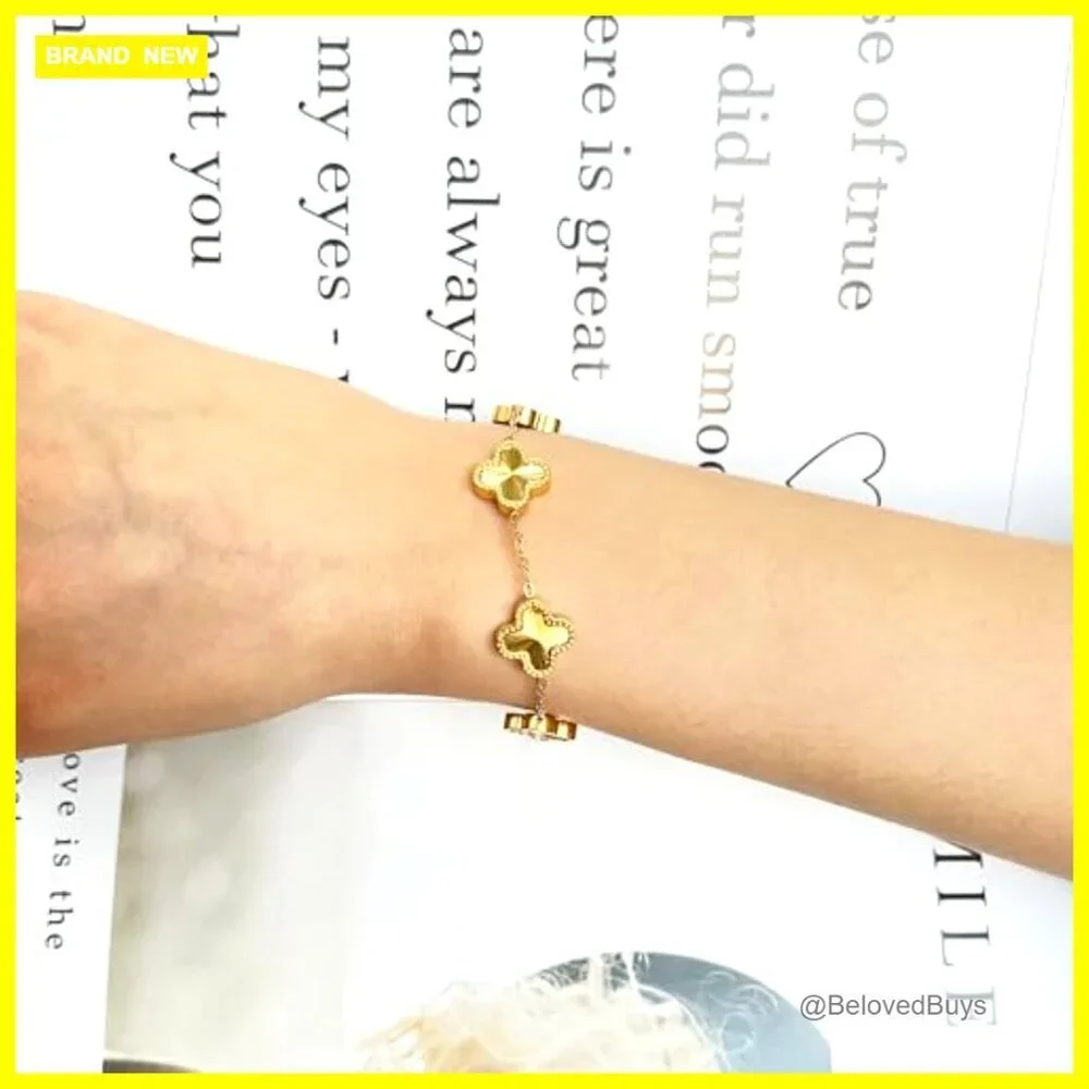 18K Gold Plated Clover Bracelet Adjustable Lucky Charm Stainless Steel